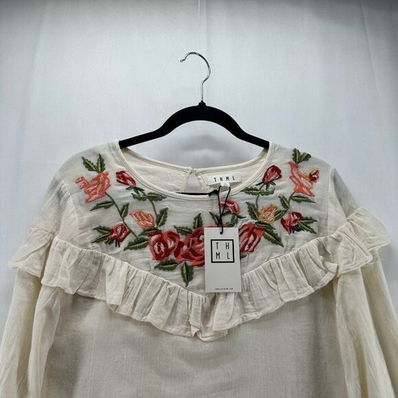 THML Blouse M Embroidered Ruffle Top Peasant Flounce Sleeve Cotton Cream - Picture 3 of 11
